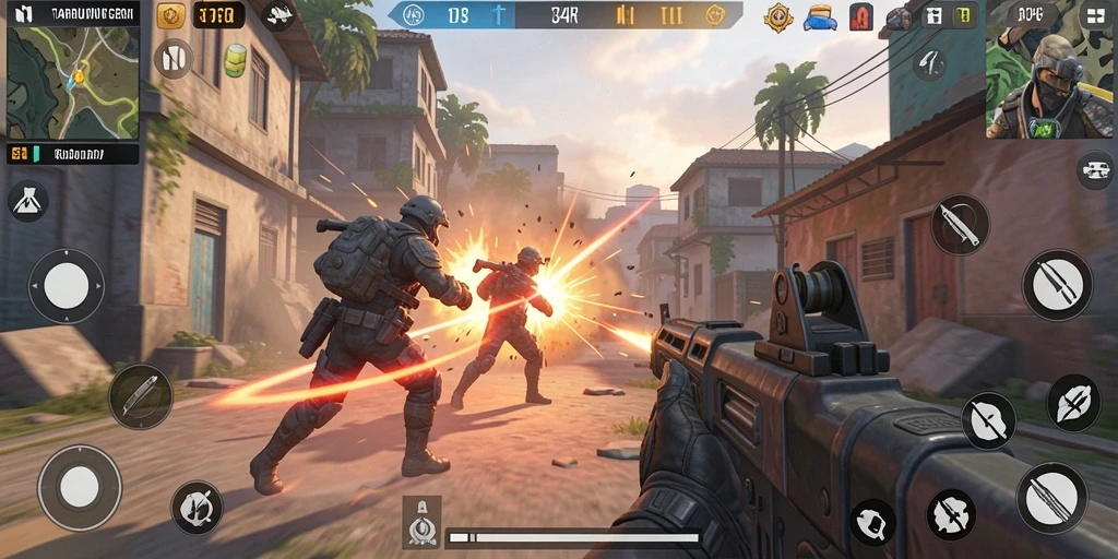 Screenshot gameplay 34R menampilkan aksi seru dalam pertempuran TPS.