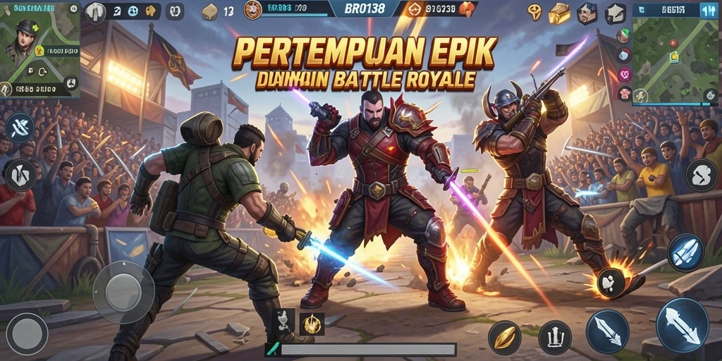 Screenshot utama BRO138 menampilkan aksi pertempuran Battle Royale yang intens.