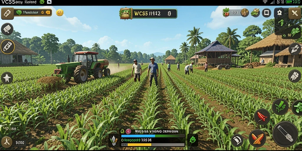 Tampilan gameplay VC55 yang menampilkan aktivitas bertani yang menyenangkan.